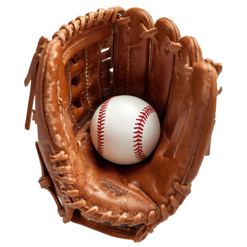 Leather baseball glove holding white baseball ball on transparent background