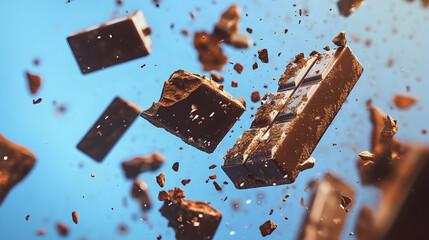 A chocolate bar is being smashed into pieces, creating a mess of chocolate