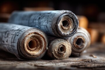 Aged blueprints rolled on a wooden surface
