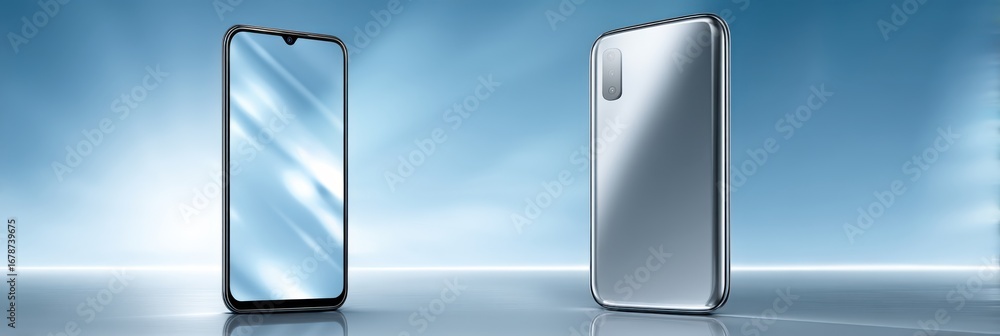 Poster a modern smartphone is showcased, reflecting light with a sleek design and a shiny back, emphasizing