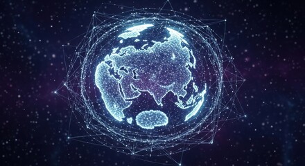 Glowing globe of Earth, centered on Asia, surrounded by network lines and starlit sky