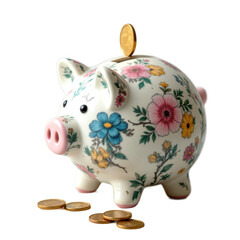 Transparent, png Floral Piggy Bank with Coins on Transparent Background