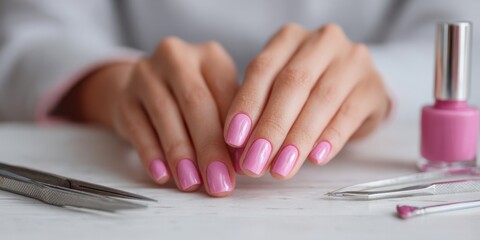 Perfectly manicured hands with pink polish prepare for nail care at a beauty session in a cozy setting