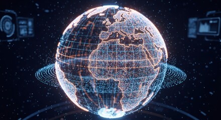Glowing, outlined globe shows Europe and Africa with a ring and blue UI elements