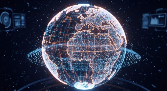 Glowing, outlined globe shows Europe and Africa with a ring and blue UI elements