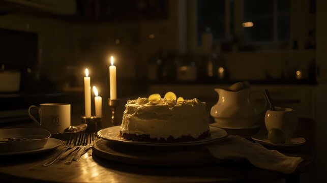 Cozy Candlelit Cake Setting with Elegant Plates and Utensils - Powered by Adobe