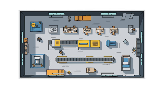 Overhead factory layout illustrating a production facility with conveyor belts and workstations in an assembly line process illustration