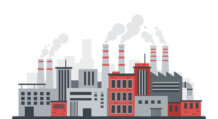 Obraz premium Stylized Industrial landscape illustration showcasing multiple factories with smoke emanating from chimneys against a neutral backdrop