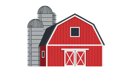 Quaint Countryside Charm: A Delightful Illustration of a Classic Red Barn and Grain Silos, Evoking Rustic Simplicity and Serene Agricultural Beauty