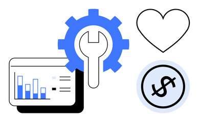 Bar chart with analytics tool, gear with wrench, heart, and dollar icon. Ideal for business growth, financial strategy, data technology, tools, investment planning innovation flat simple metaphor