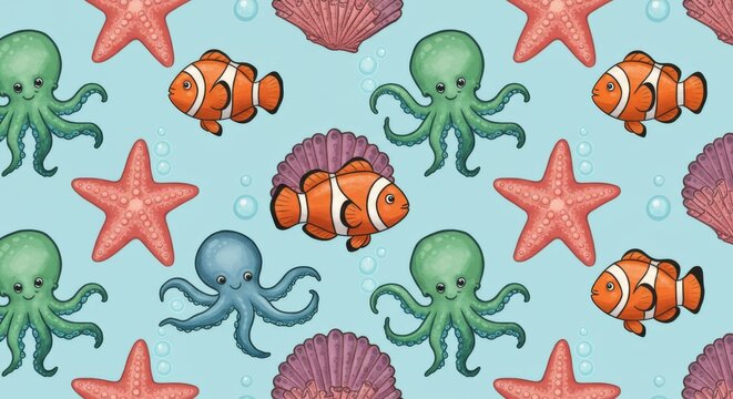 Cartoon Sea Creatures Seamless Pattern on Blue Background.