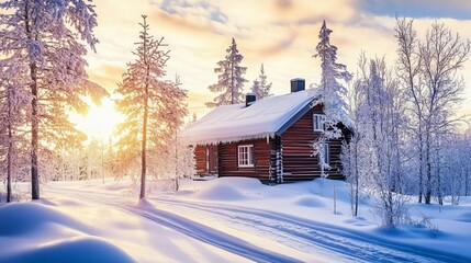 Enchanting winter landscape with a cozy log cabin surrounded by snow-covered trees at sunset