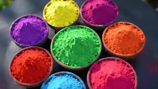 Colorful Holi powder bowls.
