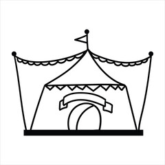 Traditional tent illustration, black and white, fairgrounds symbol, celebration design, isolated cartoon, event decor pattern