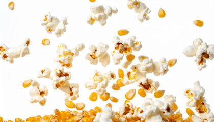Dynamic corn and popcorn falling on a white background