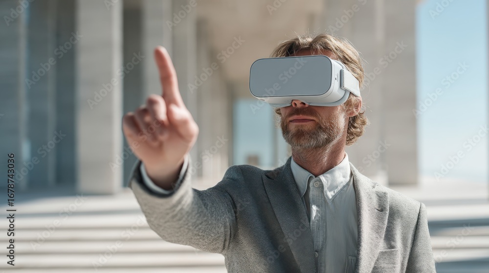 Poster a man wearing a virtual reality headset gestures while standing in a modern architectural environmen