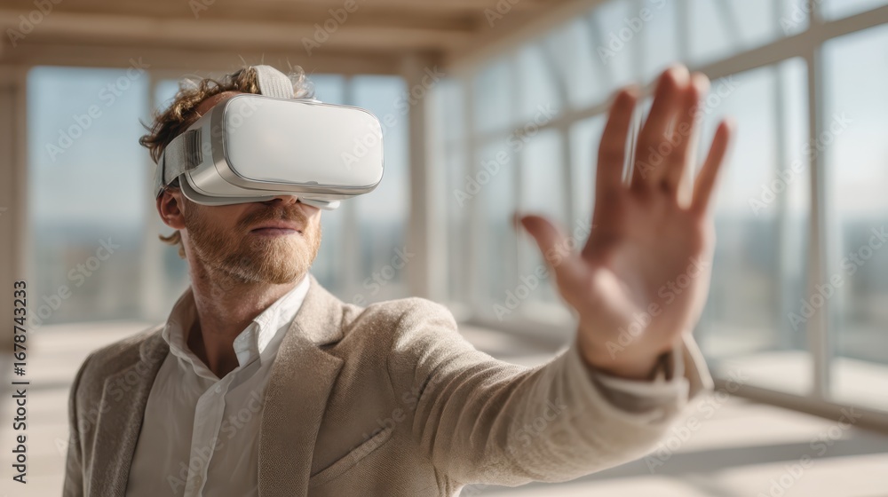 Poster a man wearing a vr headset gestures in an open, sunlit space, exploring virtual reality technology w
