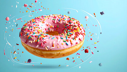 A vibrant pink donut floating on a light blue background with scattered colorful sprinkles