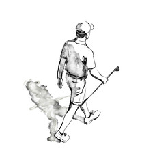 Illustration, black and white graphic, hand drawn ink sketch of a male golfer walking on the field with a club in his hands, top view. High quality photo