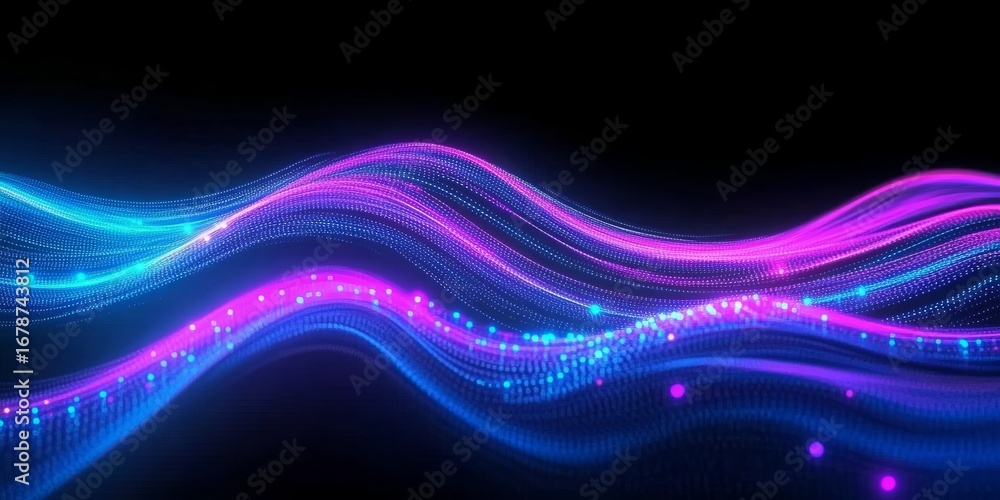 Poster dynamic abstract data stream with flowing neon light lines on black background for innovation