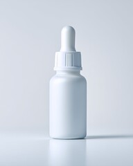 A white, matte dropper bottle stands on a plain light-gray surface.  The bottle is round, with a tapered dropper top.  Clean, simple design