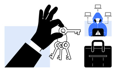 Hand holding keys, hacker in a hooded jacket at a laptop, connected devices, and secured case. Ideal for cybersecurity, password security, hacking, access breach, data protection privacy concerns