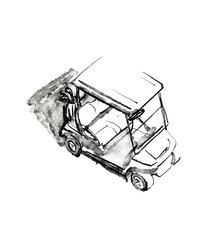 Illustration, black and white graphic, hand drawn ink sketch of a golf cart buggy on a golf course with a golf bag carrying clubs, top view. High quality photo © Anastasia