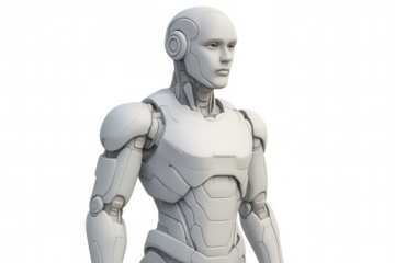 Sleek white humanoid robot standing against transparent backdrop, representing cutting-edge technological innovation in robotic design