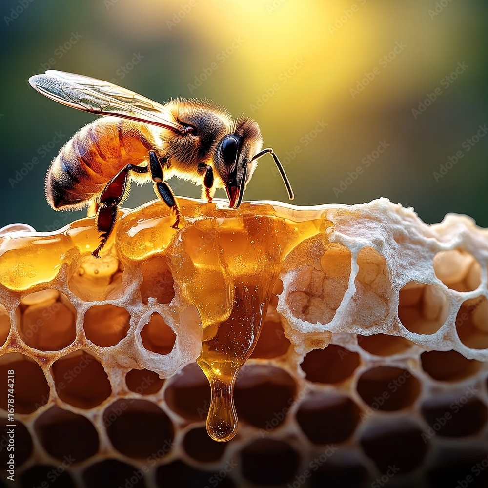 Poster macro image of honey bee foraging on honeycomb with dripping honey, capturing nature s sweetness