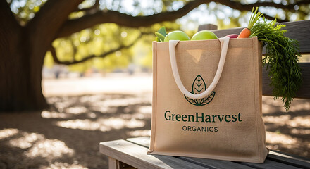 Reusable grocery bag filled with fresh produce sits on a park bench