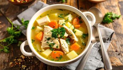 Hearty chicken and vegetable soup in a bowl