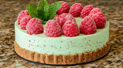 Mint Cream Cake with Fresh Raspberries and a Crunchy Crust