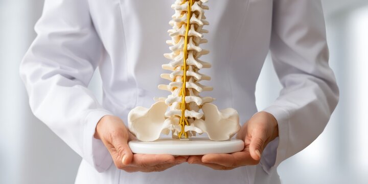 Health professional demonstrates human spine model in clinical setting for educational purposes