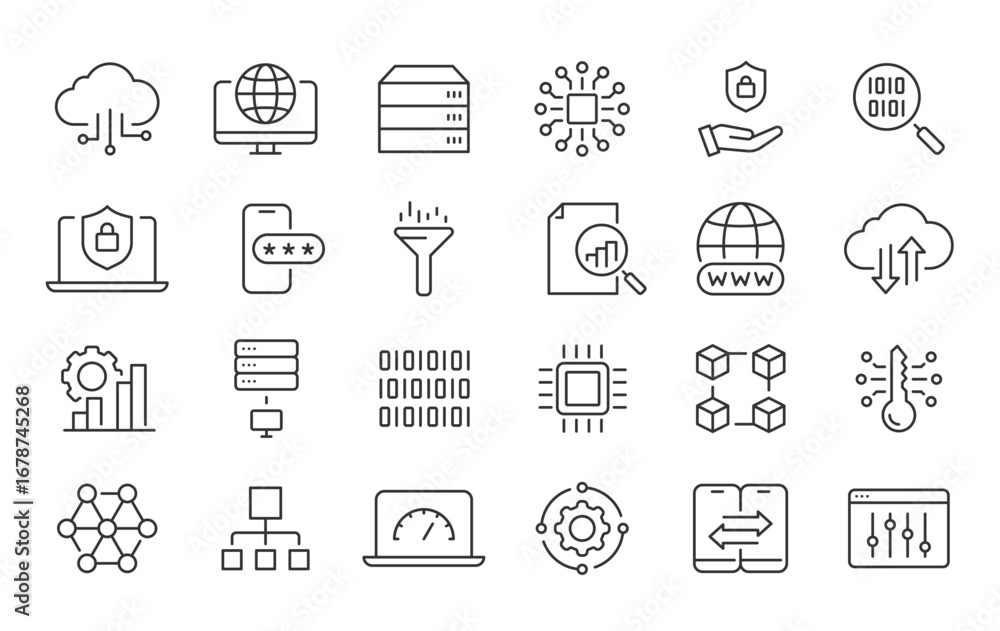 Poster data web icons in line style. statistics, analysis, database, server, processing, data, collection. 