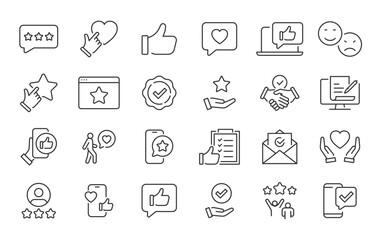 Feedback web icons in line style. Testimonials, like, comment, marketing, survey, confirmation, collection. Vector illustration.