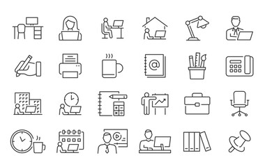 Work place web icons in line style. Online meeting, office chair, table, remote work, homework, pen, collection. Vector illustration.