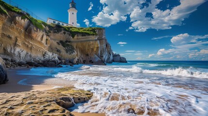 A beach with a lighthouse on a cliff overlooking the ocean, waves crashing against the rocks below.