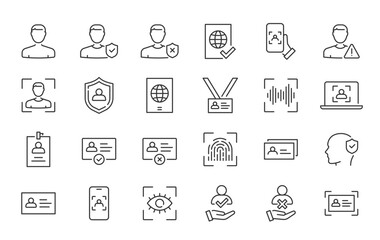 Naklejka na ściany i meble ID and Verification web icons in line style. Passport, biometric, tools, driving license, face id, code, finger, collection. Vector illustration.