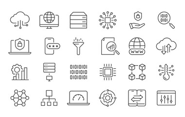 Data web icons in line style. Statistics, analysis, database, server, processing, data, collection. Vector illustration.