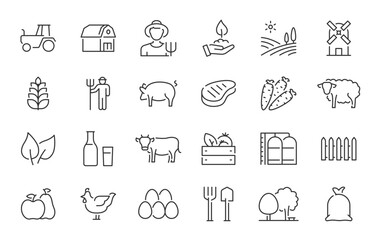 Farming web icons in line style. Agriculture, planting, fertilizer, vegetables, tractor, farmers, fence, farm buildings, collection. Vector illustration.