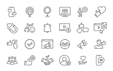 Influencer web icons in line style. Content, community, promotion, influencer, social media, ambassador. Vector illustration.