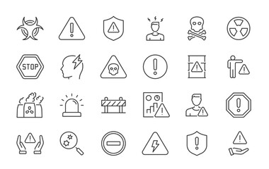 Hazard Danger web icons in line style. Risk, toxic, explosive, flammable collection. Vector illustration.