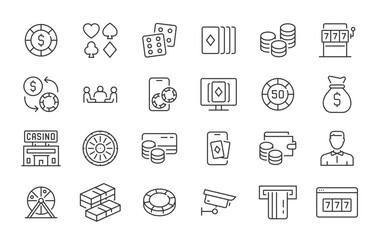Casino web icons in line style. Playing card, casino, win, roulette, poker chips, card suit, mobile casino. Vector illustration.