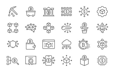 Blockchain web icons in line style. Technology, cryptocurrency, mining, key, transaction, smart contract, collection. Vector illustration.