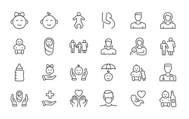 Child care web icons in line style. Care, support, safety, awareness, parenthood. Vector illustration.