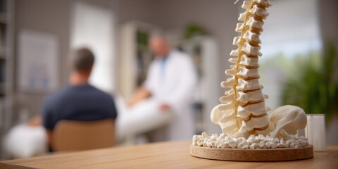 Doctor consults a patient in a medical office with a spine model prominently displayed in the foreground