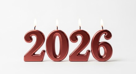 Metallic '2026' candles with flames on a bright white background