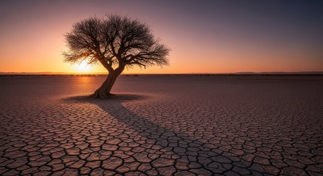 Lone tree in parched landscape, glowing sunset