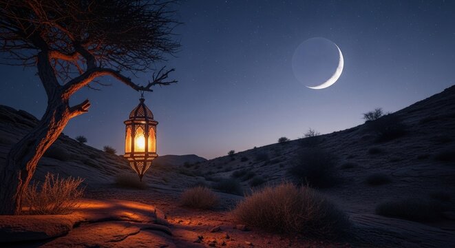 Lit lantern hangs from tree under moonlit desert sky, warm light casting shadows