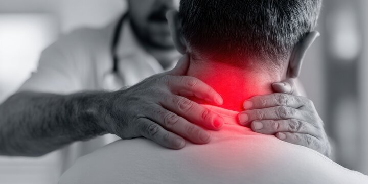 Health professional examines patient with neck pain in a clinical setting during a consultation about treatment options